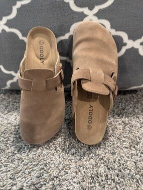 Suede Adjustable Mule Clogs in Taupe